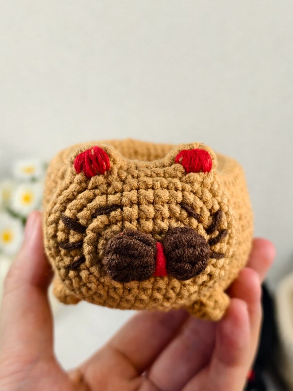 Handmade Amigurumi Crochet Brown Kitten Shaped Storage Box